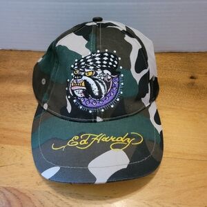 Ed Hardy Camouflage Camo Embroidered Bulldog Dog Baseball Cap Y2K Hat NWT